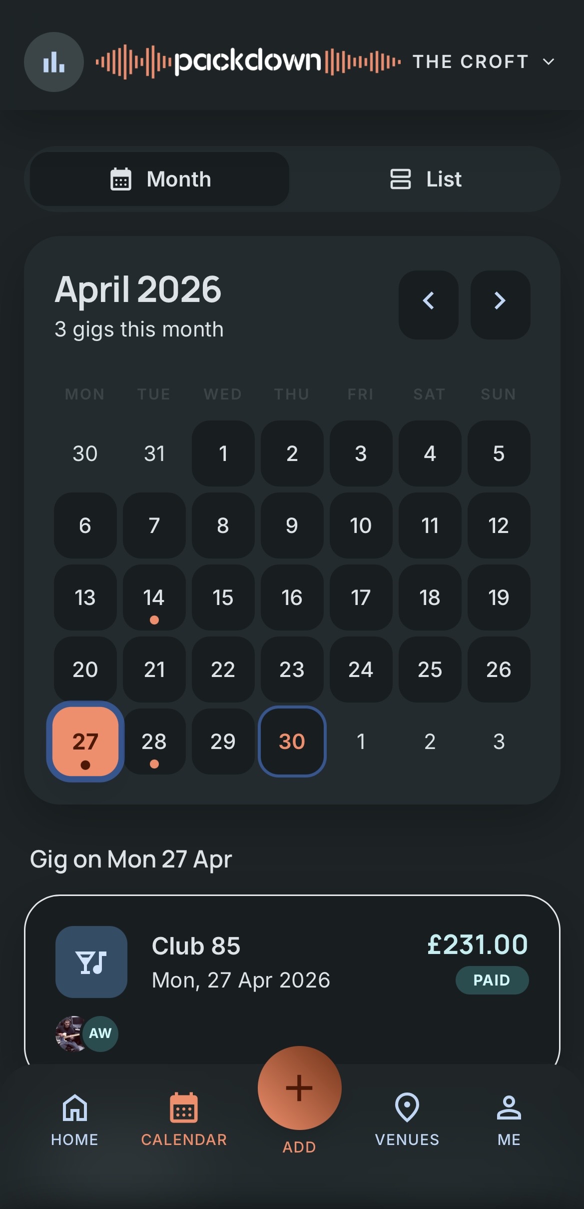 Calendar view showing upcoming gigs