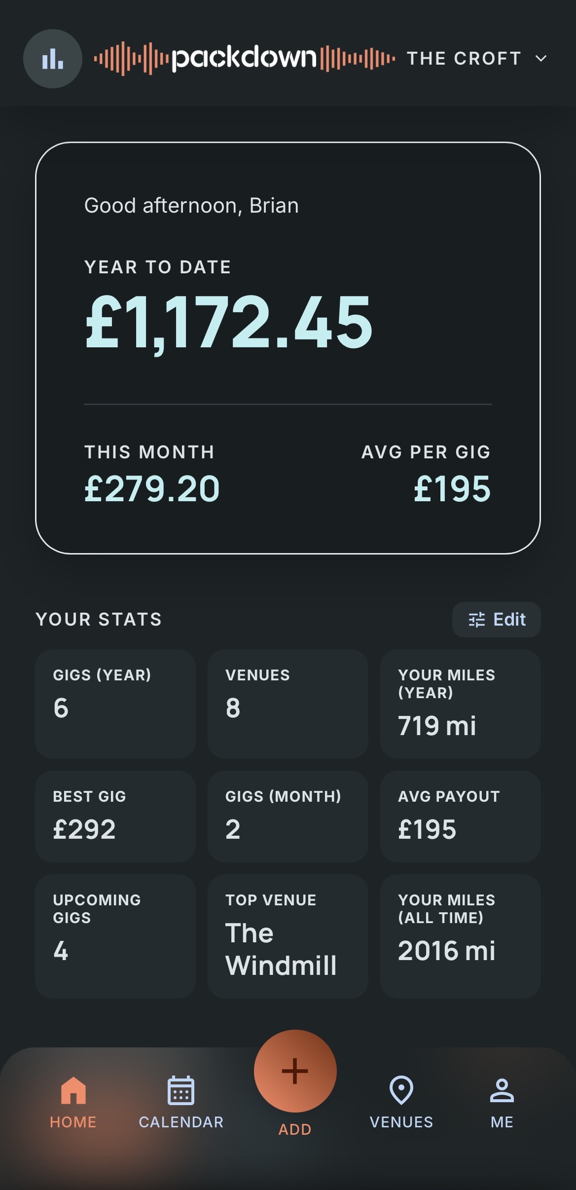Packdown home screen — year-to-date earnings, upcoming gigs, and quick stats
