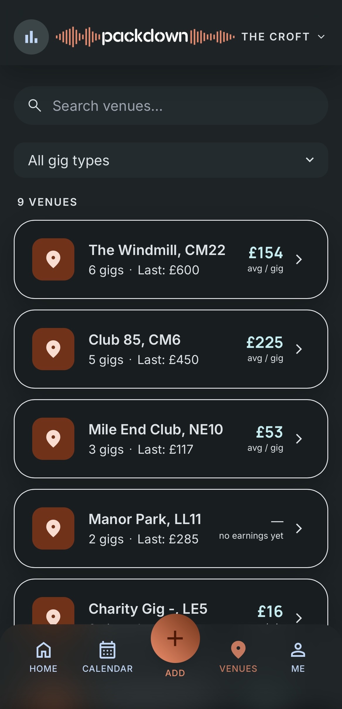Venues screen showing average earnings per venue